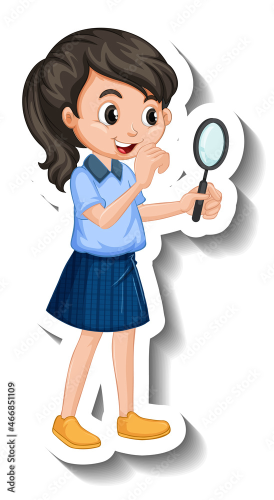 Cartoon girl looking through magnifying glass Cartoon girl looking through magnifying glass