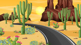 Desert forest landscape at night scene with long road