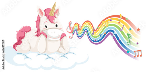 Unicorn standing on the cloud with melody symbols on rainbow wave