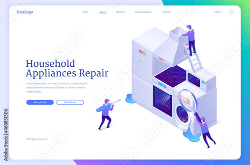 Household appliances repair isometric landing page. Tiny workers fixing broken home technics washing machine, refrigerator and electric stove. Call masters repairing service, 3d vector web banner