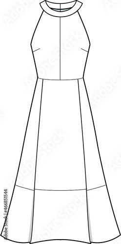 women's dress sleeveless halter neck fit and flare backless maxi dress flat sketch vector illustration