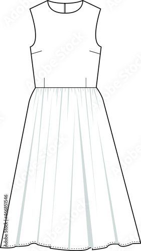 sleeveless midi length skater dress fit and flare round neck tank skater dress flat sketch vector illustration