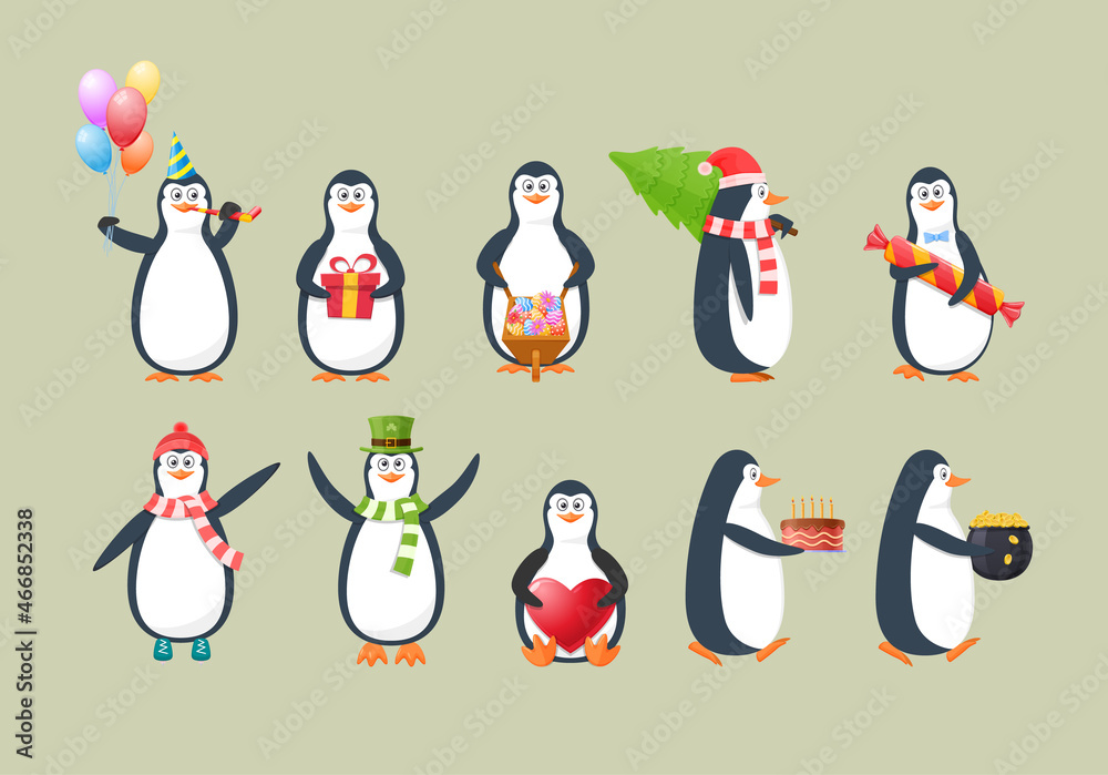 Obraz premium Funny childish penguin set. Adorable penguins wearing winter clothing, carrying gifts and flowers