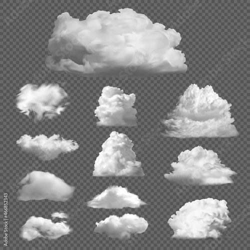 Realistic sky cloud set. Fluffy white foggy climate cloudscape weather. Air cloudy condensation