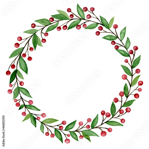 Rustic Christmas watercolor wreath. Hand drawn farmhouse door hanger illustration. Isolated clipart element on white background