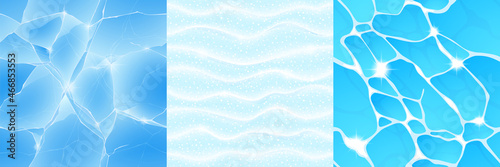 Game textures of ice, snow and water seamless pattern top view. Cartoon textured backgrounds, frozen and liquid surface, graphic design templates, ui or gui landscaping layers, Vector illustration