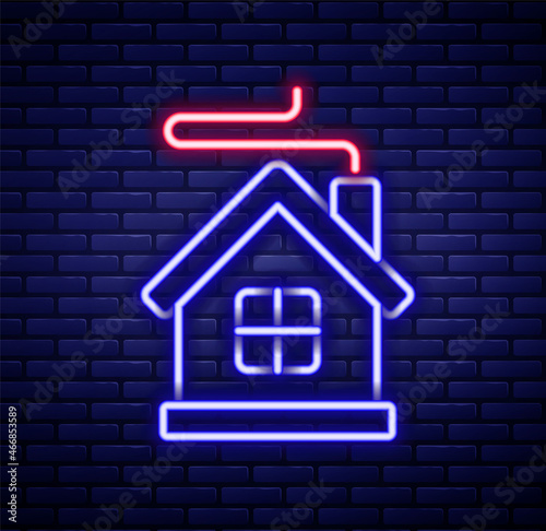 Glowing neon line Merry Christmas house icon isolated on brick wall background. Home symbol. Colorful outline concept. Vector