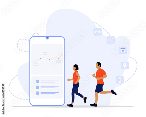 Vector Illustration, Cardio Control Concept, Showing young people walking on cardio control treadmill, 
Suitable for landing page, UI, web, App intro card, editorial, flyer, and banner photo