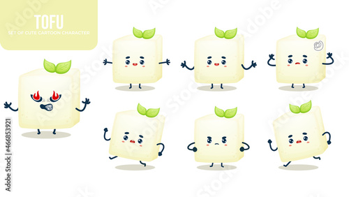 Set of cute tofu cartoon character with different poses Premium Vector