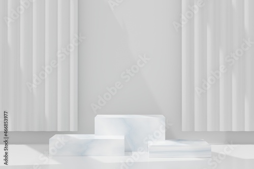 3d abstract background white podium for product presentation and brand advertising with shadow of windows and roof. Empty scene for mock up.