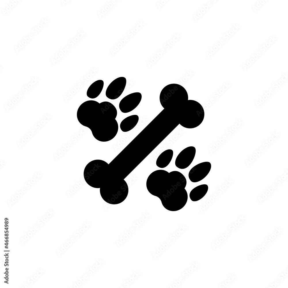 Dog bone icon and logo with paw, pawprint, paw print, footprint and heart. Vector clipart. Isolated illustration оn white background. Black silhouette. Dog bone icon and logo with paw, pawprint, paw print, footprint and heart. Vector clipart. Isolated illustration оn white background. Black silhouette.