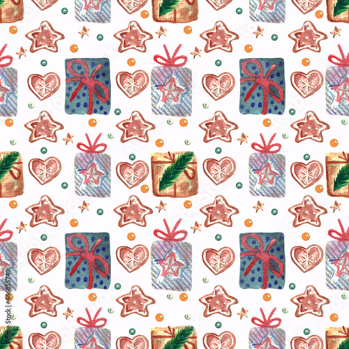 Watercolor Christmas seamless pattern. Hand painted illustration with Christmas tree, balls, gingerbreads, confetti, gift boxies.