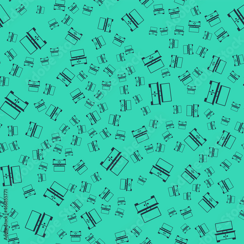 Black TV table stand icon isolated seamless pattern on green background. Vector