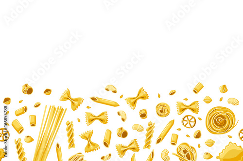 Various macaroni seamless background. Italian cuisine. Homemade pasta. Decor of the restaurant menu. Vector cartoon illustration