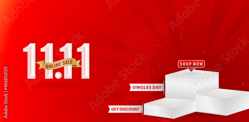 illustration web banner design of 11.11 sale or 11.11 online sale with cube model display product, applicable for online shop sign, poster, flyer, social media banner, label promotion in store