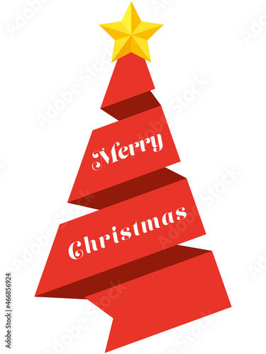 クリスマスツリーの形の3.5巻きリボンと「Merry Christmas」のイラスト（赤）