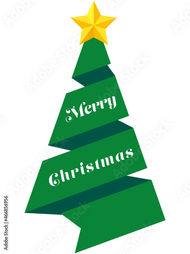 クリスマスツリーの形の3.5巻きリボンと「Merry Christmas」のイラスト（緑）