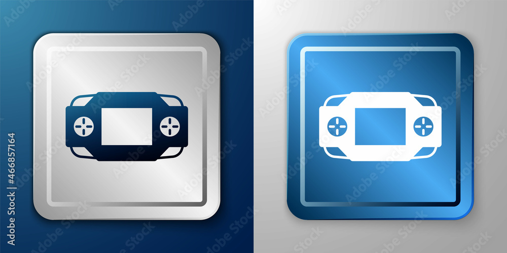 White Portable video game console icon isolated on blue and grey background. Handheld console gaming. Silver and blue square button. Vector White Portable video game console icon isolated on blue and grey background. Handheld console gaming. Silver and blue square button. Vector