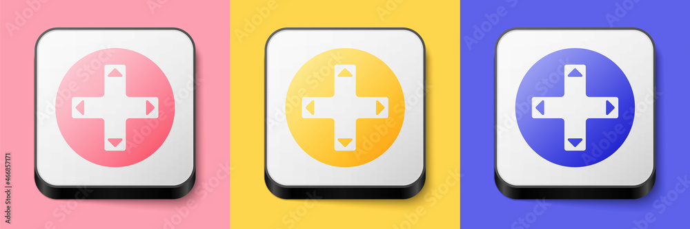 Fototapeta premium Isometric Game controller or joystick for game console icon isolated on pink, yellow and blue background. Square button. Vector
