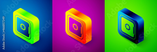 Isometric Safe icon isolated on blue, purple and green background. The door safe a bank vault with a combination lock. Reliable Data Protection. Square button. Vector