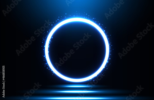 Circle neon light effect on dark background, futuristic techno concept