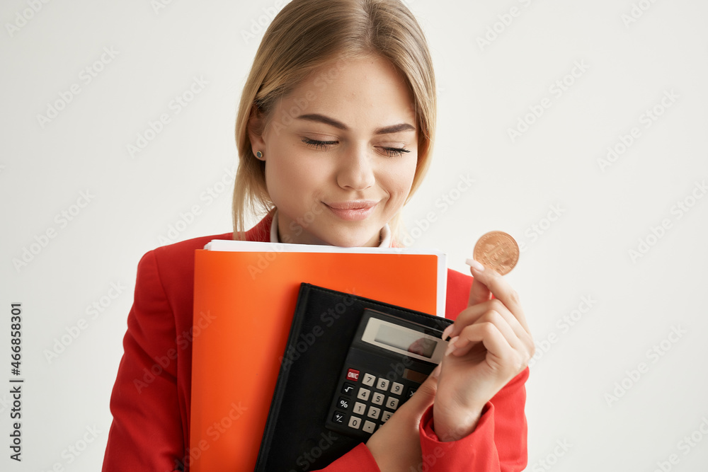 woman Bitcoin cryptocurrency in hands light background woman Bitcoin cryptocurrency in hands light background