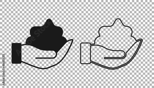 Black Shaving gel foam on hand icon isolated on transparent background. Shaving cream. Vector