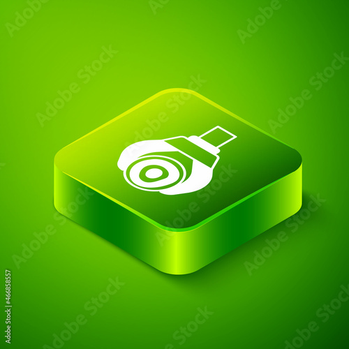 Isometric Grapple crane grabbed a log icon isolated on green background. Forest industry. Industrial crane for lumber trunk wood production. Green square button. Vector