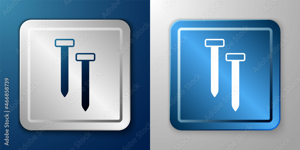 White Metallic nails icon isolated on blue and grey background. Silver and blue square button. Vector White Metallic nails icon isolated on blue and grey background. Silver and blue square button. Vector