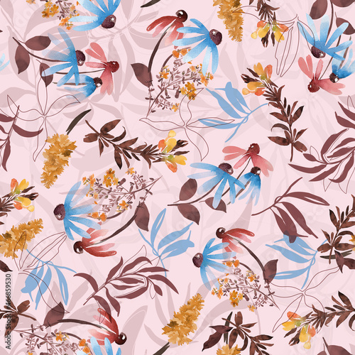Watercolor floral seamless pattern, coneflower background. Perfect for textiles, fabric, apparel, greeting cards, wedding invitations, parties, wrapping paper
