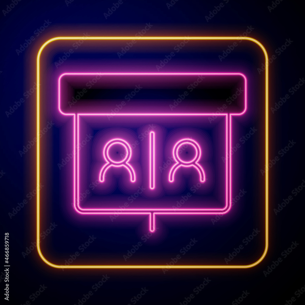 Glowing neon Video chat conference icon isolated on black background. Online meeting work form home. Remote project management. Vector Glowing neon Video chat conference icon isolated on black background. Online meeting work form home. Remote project management. Vector