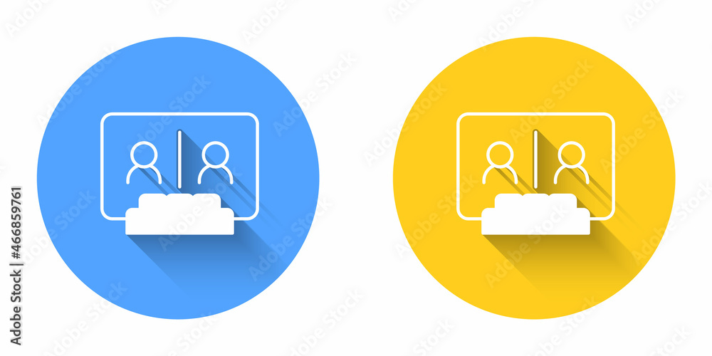 White Video chat conference icon isolated with long shadow background. Online meeting work form home. Remote project management. Circle button. Vector White Video chat conference icon isolated with long shadow background. Online meeting work form home. Remote project management. Circle button. Vector