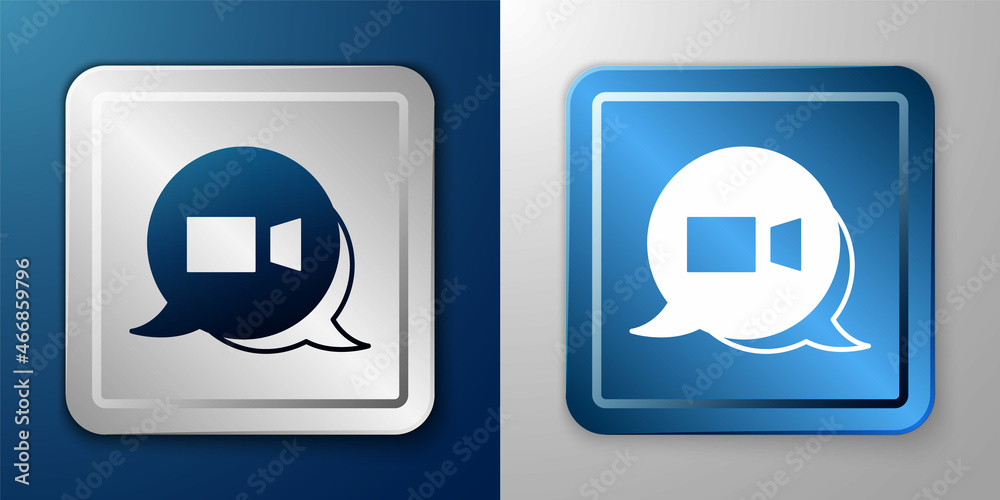 White Video chat conference icon isolated on blue and grey background. Online meeting work form home. Remote project management. Silver and blue square button. Vector White Video chat conference icon isolated on blue and grey background. Online meeting work form home. Remote project management. Silver and blue square button. Vector