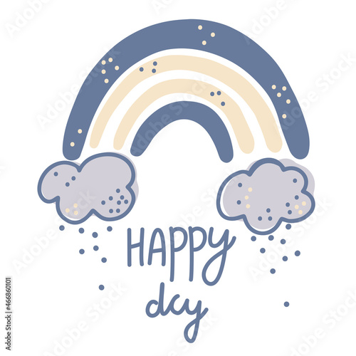 Rainbow with clouds. Inscription Happy Day. Clipart for children's room, greeting cards, children's and children's T-shirts and clothing. Hand-drawn vector native illustration