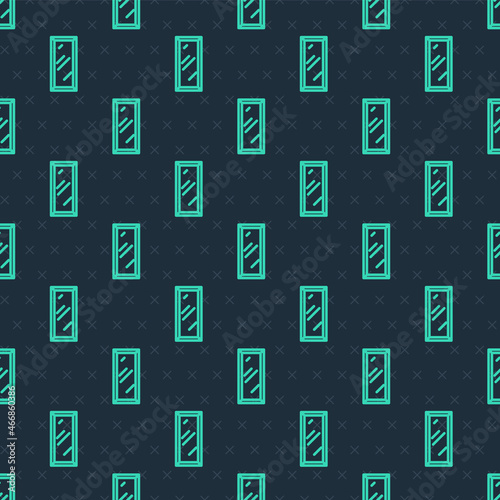 Green line Big full length mirror for bedroom, shops, backstage icon isolated seamless pattern on blue background. Vector
