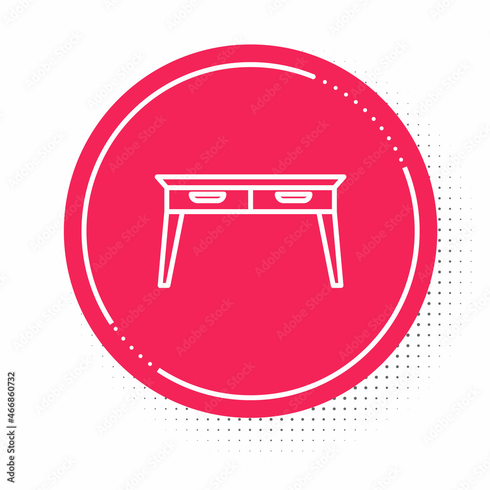 White line Office desk icon isolated on white background. Red circle button. Vector White line Office desk icon isolated on white background. Red circle button. Vector