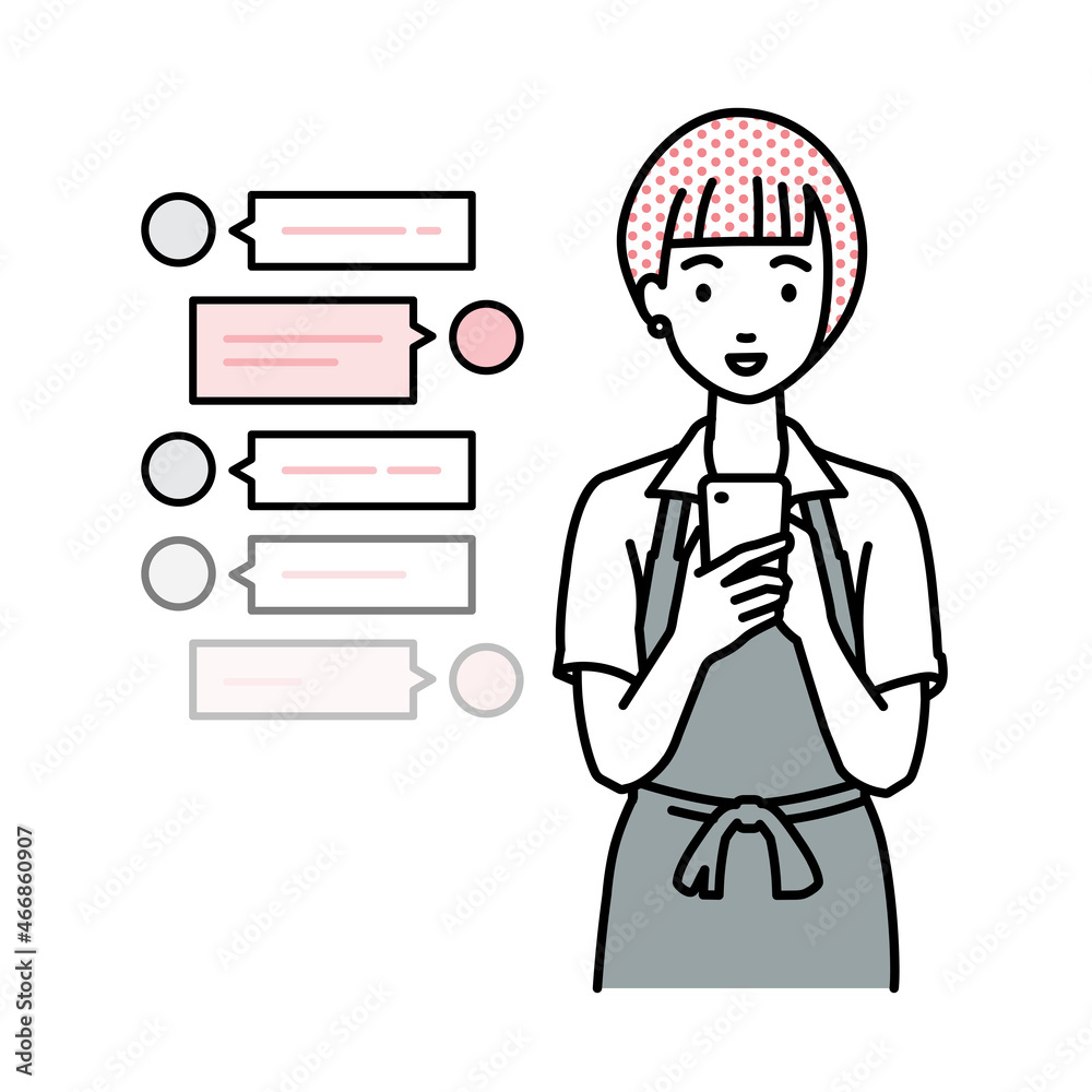 立ってスマートフォンで楽しくチャットで会話するカフェ店員の女性 立ってスマートフォンで楽しくチャットで会話するカフェ店員の女性