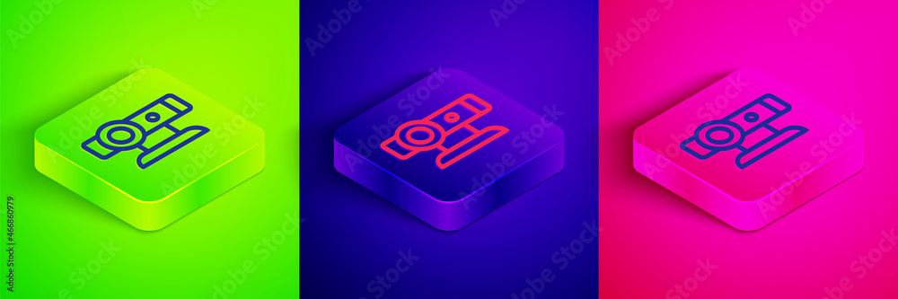 Isometric line Web camera icon isolated on green, blue and pink background. Chat camera. Webcam icon. Square button. Vector Isometric line Web camera icon isolated on green, blue and pink background. Chat camera. Webcam icon. Square button. Vector