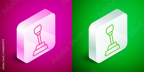 Isometric line Gear shifter icon isolated on pink and green background. Manual transmission icon. Silver square button. Vector