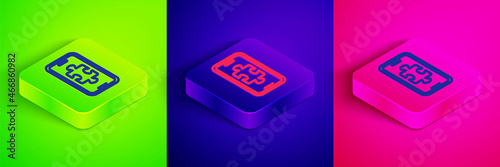Isometric line Smartphone and playing in game icon isolated on green, blue and pink background. Mobile gaming concept. Square button. Vector