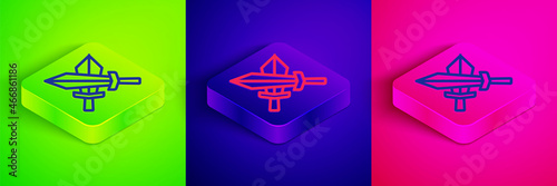 Isometric line Sword for game icon isolated on green, blue and pink background. Square button. Vector