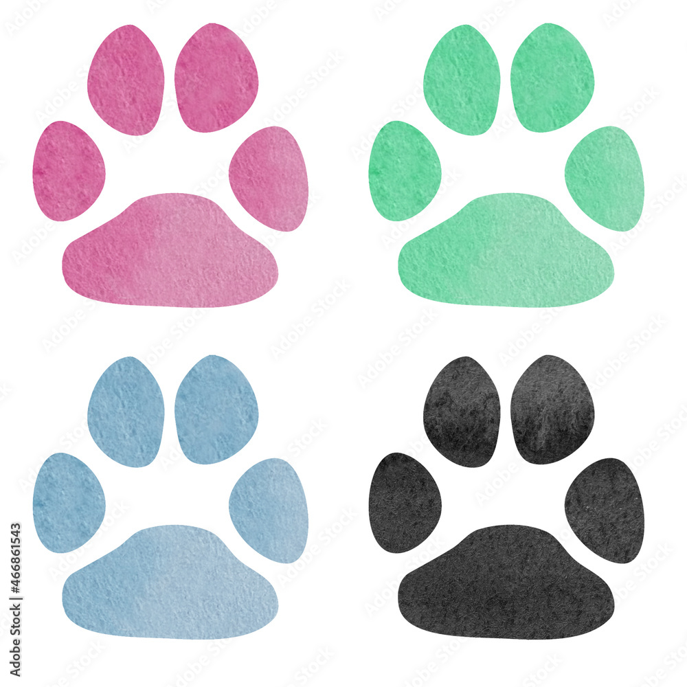 Set of blue, pink, green and black watercolor animal footprints. Watercolor pets footprint. Paw footprint illustration