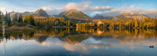 Autumn Panorama Strbske Pleso Lake. Calm, autumn evening scene of High Tatras National Park, Slovakia, Europe.