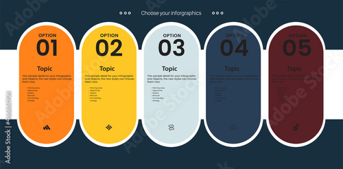 FIVE Steps and 5 colors of infographic Process or brown, yellow Circles option pannel on white background and Infographic.eps
