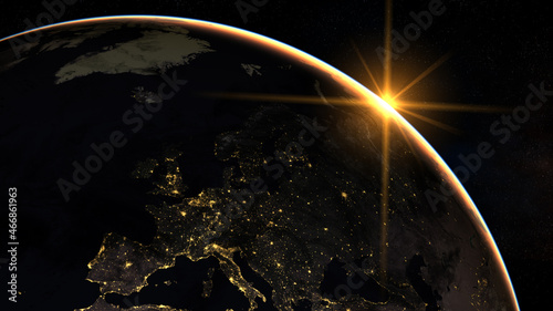 Sunrise over the European continent - a view from space,elements of this image furnished by NASA