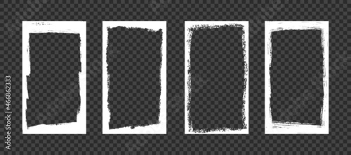 Grunge frames for stories and social network media 9 16. Template with brush stroke. Rectangular border with grunge overlay. Set of vector illustrations isolated on transparent background.