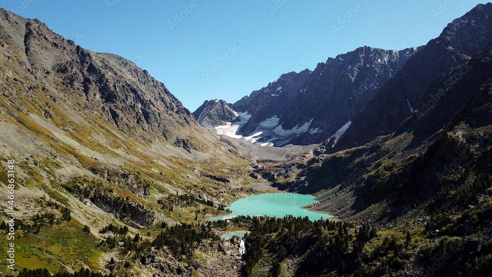 landscape in the mountains, mountain lake, mountain waterfall