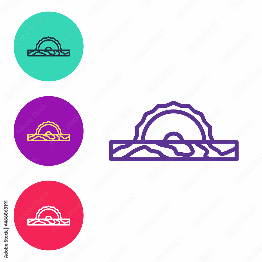 Set line Electric circular saw with steel toothed disc icon isolated on white background. Electric hand tool for cutting wood or metal. Set icons colorful. Vector