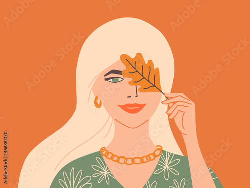 Long hair blonde flirting covering eyes with autumn leaf. Young stylish woman holds yellow oak leaf in hand. Smiling fashion girl with gold hoop earring, jewelry chain on her neck. Vector illustration