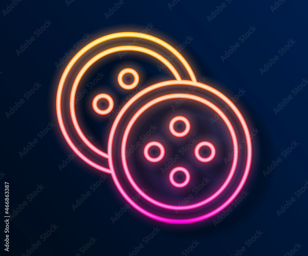 Glowing neon line Sewing button for clothes icon isolated on black background. Clothing button. Vector Glowing neon line Sewing button for clothes icon isolated on black background. Clothing button. Vector